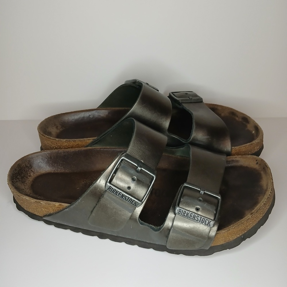Birkenstock Arizona LEATHER in Metallic Anthracite Soft Footbed US 7.5, 38
